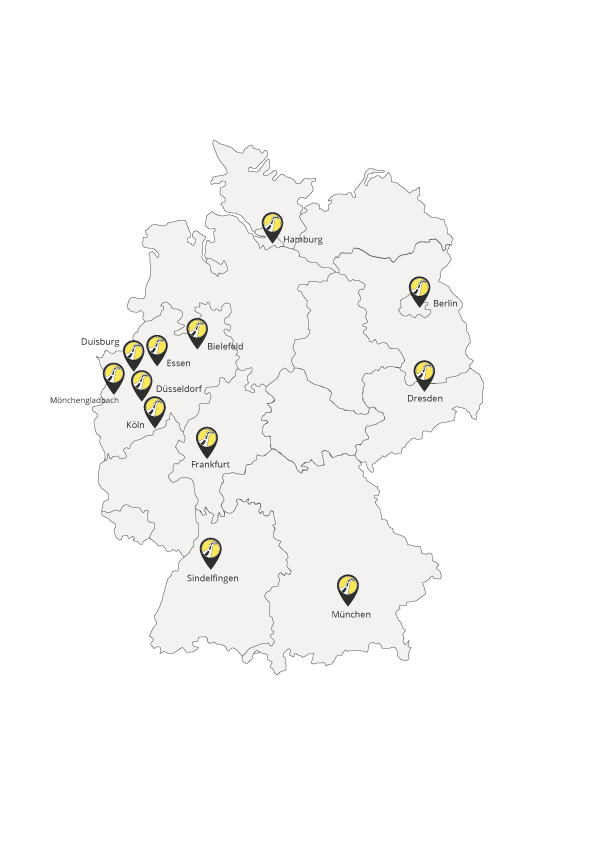 Auf der Deutschlandkarte sehen Sie mit roten Punkten unsere aktuellen Standorte eingetragen.