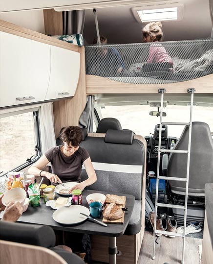 Camper von innen – Personen sind am Frühstücken im Wohnmobil
