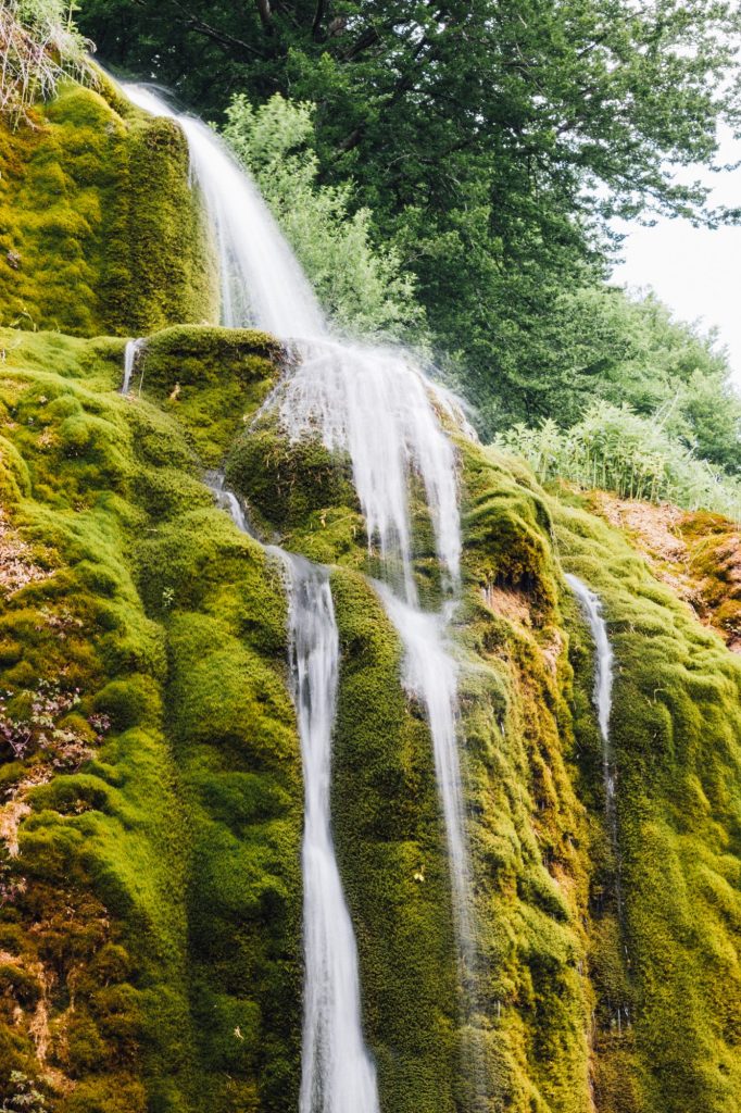 Wasserfall stürzt an bemoostem Felsen herab