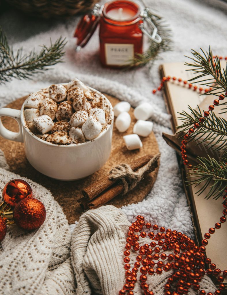 Weihnachten im Wohnmobil - Eine festliche Winternahaufnahme mit einem Heißgetränk, garniert mit Marshmallows und bestäubt mit Schokolade, neben einem roten Kerzenglas, Tannenzweigen, roten Weihnachtskugeln, Zimtstangen und einer roten Perlenkette, alles arrangiert auf einer kuscheligen Decke und rustikalem Untergrund.